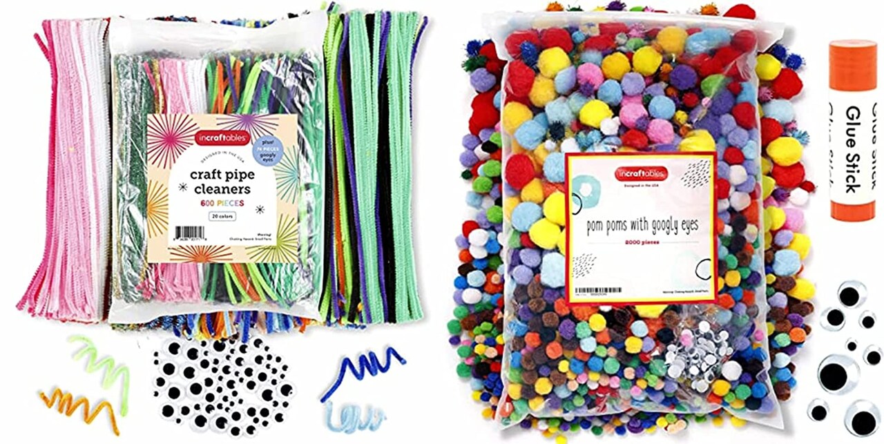 Incraftables 600pcs Craft Pipe Cleaner (20 Colors Chenille Stems) with 2000pcs Poms Poms (0.4 to 1.4 inch Pompoms) with Googly Eyes & Glue Stick